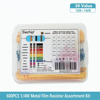300-600pcs 1/4W Kovinski Film Upor Kit Komplet 30 Vrednosti Uporov Pack 10R~1M Niz Upori, DIY Elektronskih Kit Polje 1K 10K Ohm