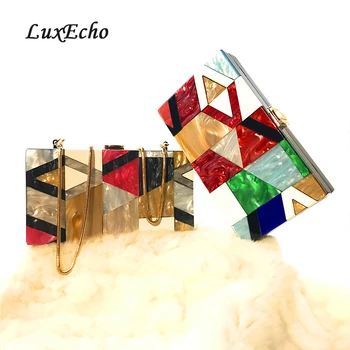 LuxEcho Akril moda torbici Dekle je Dan Sklopke Večer vrečke Stranka Verige Shoulderbags blok barvni kvadratek vrečke
