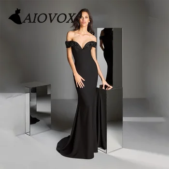 AIOVOX Off-the-ramo morska deklica Formalno Prom Oblačenja Krep Beaded Večerno obleko Zamah Vlak Vestidos De Noche za Ženske 2023