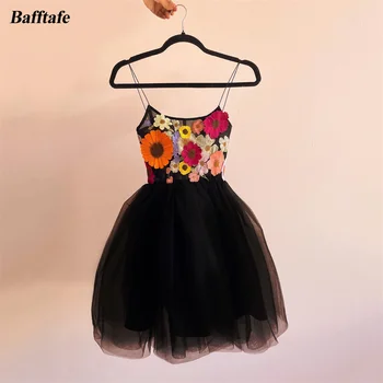 Bafftafe Črna Kratka Prom Obleke Vezenje 3D Cvetje Trakov Črto Dekle Graudation Obleka Ženske Formalne Priložnosti Stranka Oblek