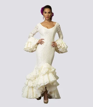 Dolg Rokav morska deklica Zvečer Priložnost Obleke Trajes de Flamenca, slonovine Čipke Vestido de sevillanas Brisa Marfil Maturantski Oblek