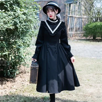 Elegantno Gothic Lolita OP Obleko Jeseni, Pozimi Letnik Velike Robom Obleko z Dolgimi Rokavi Stoji Vratu Nuna Stil Oblačenja