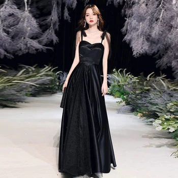 Elegantno Črno Maturantski Obleki z Ljubica Saten A-line Večerne Obleke