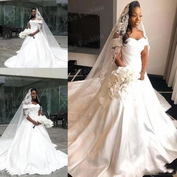 Južnoafriški Off Ramo Plus Velikost Poročne Obleke 2023 Sodišče Vlak Saten Vrstice po Meri Narejene Poroka Poročni Oblek