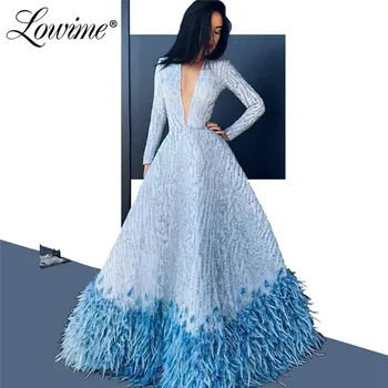 Modra Pero Večerne Obleke Luksuzni Globoko V Vratu Glitter Party Obleke 2019 Couture Islamske Turški Arabski Prom Obleke Abendkleider
