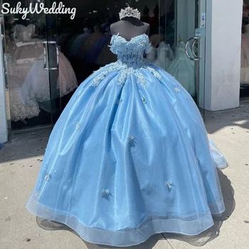 Modra PrincessQuinceanera Obleke Metulj Čipke Off Ramo Sladko 15 Mehiški Prom Stranka Žogo Halje Vestidos De Quinceañera
