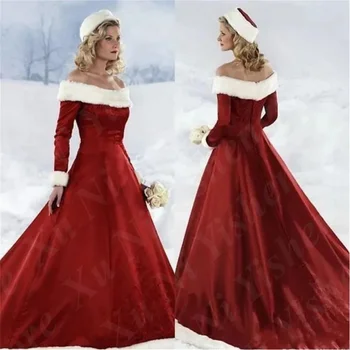 Off-Ramo Božič Prom Stranka Obleko z Dolgimi Rokavi Rdeče Zimski A-Linijo Poročnih Oblek Saten Poročne Obleke Princess Haljo de soirée
