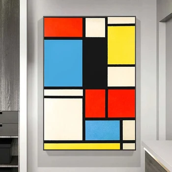 Piet Cornelies Mondrian Klasična Umetnost Geometrijo Črto Rdeče Modro Rumeno Sestava Platno, Tisk Slikarstvo Plakat Doma Dekor