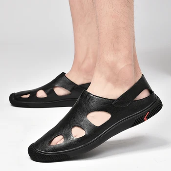 Poletje Roman Mens Sandale Visoke Kakovosti Non-Slip Plaži Čevlji Zdrsne na Loafers Pravega Usnja Moški Copati Nove Mocassins Hombre