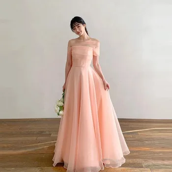 Preproste Linije Blush Pink Organza Prom Obleke Koreja Off Ramo Dolžina Tal Dolgo Stranka Večerne Formalno DressML-025