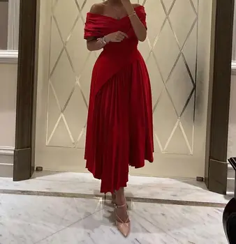 Rdeča Off Ramenski Ženske Večerne Obleke brez Rokavov Naguban A-Line Gleženj-dolžina Prom Oblačenja Formalne Priložnosti Stranke Obleke in Plašče