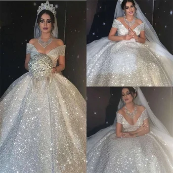 Sije Sequined Žogo Obleke Poročne Obleke Princess Dubaj Arabski Off Ramenski Seksi Poročne Halje Zamah Vlak Vestidos De Novia