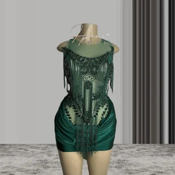 Smaragdno Zelena Črna Dekle Kratek Prom Oblačenja 2024 Povodcem Luksuzni Bleščeč Diamant Tassel Ženske Rojstni obleke oufti