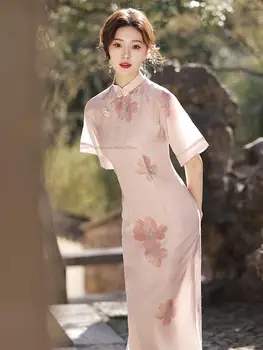 Tradicionalno Kitajsko Obleko Roza Cheongsam Pomlad Poletje Ženske Boljše Elegantno Cvetlični Kitajska Obleka Mlada Dama Qipao Obleko