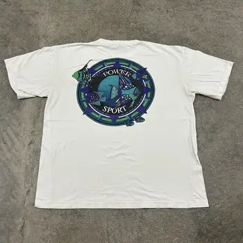 Vintage 90. letih Moč Šport Ribe Ocean Narave Tee Bela Majica s kratkimi rokavi Velikosti X-Velika XL Redki