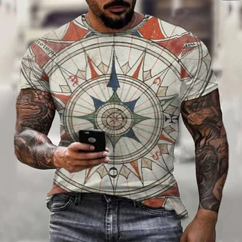 Vintage Kompas Tisk T-shirt Moški 3D Tiskanje Kratek Rokav Moda Ulica Oblačila za Moške Ekstra Veliki Vrh Mens Priložnostne Oblačila
