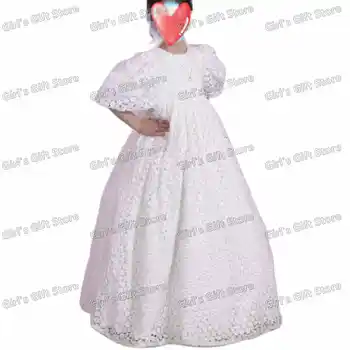 Votlo Iz Čipke Roža Punca Obleke za Poroko Princesa Visoko Pasu Malčka Precej Pageant Balon Rokav Prvo Obhajilo Obleke