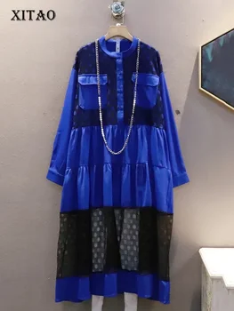 XITAO Fashion Lace Preplete Shirt Obleko Kontrast Barve Svoboden Priložnostne Ženske Dolg Rokav Novo Votlih Iz Mozaik Robom ZY7438
