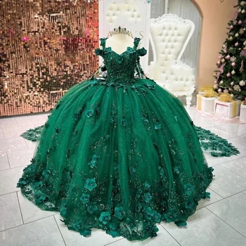 Zelena Sparkly Princesa Quinceanera Obleke Žogo Obleke Off Ramo Til Cvetlični Beaded Sweet 16 Obleke 15 Años Mehiški