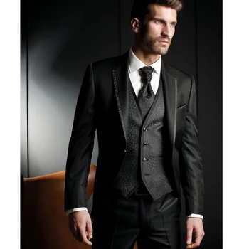 Črna Jacquardske Slim Fit Poroka obleke za Ženina 3 Kos Človek Moda Obleke Suknjič Waistcoat Hlače z Zarezo River jakna Moški