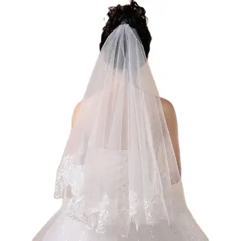 Ženske 120cm Poročne Kratek Poročni Veil Belo Plast Čipke Cvet Rob Appliques