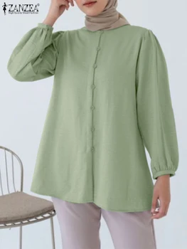 Ženske Elegantne Long Sleeve Solid OL Delo Bluzo Jeseni Majica 2023 ZANZEA Modni O Vratu Priložnostne Muslimanskih Vrhovi Marocain Blusas Mujer